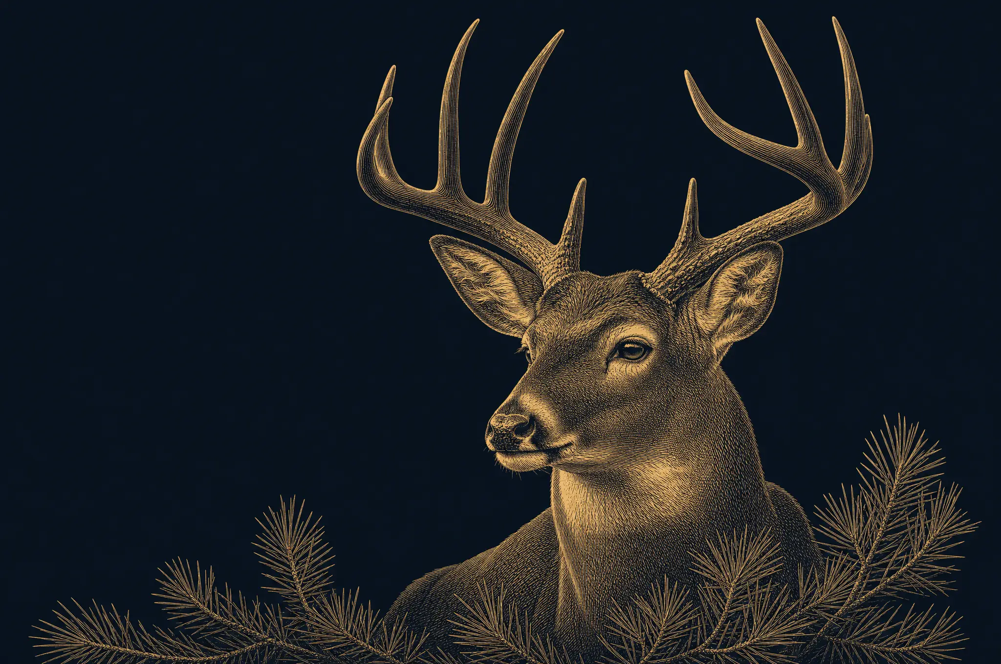 Whitetail buck rendered as a gold banknote engraving