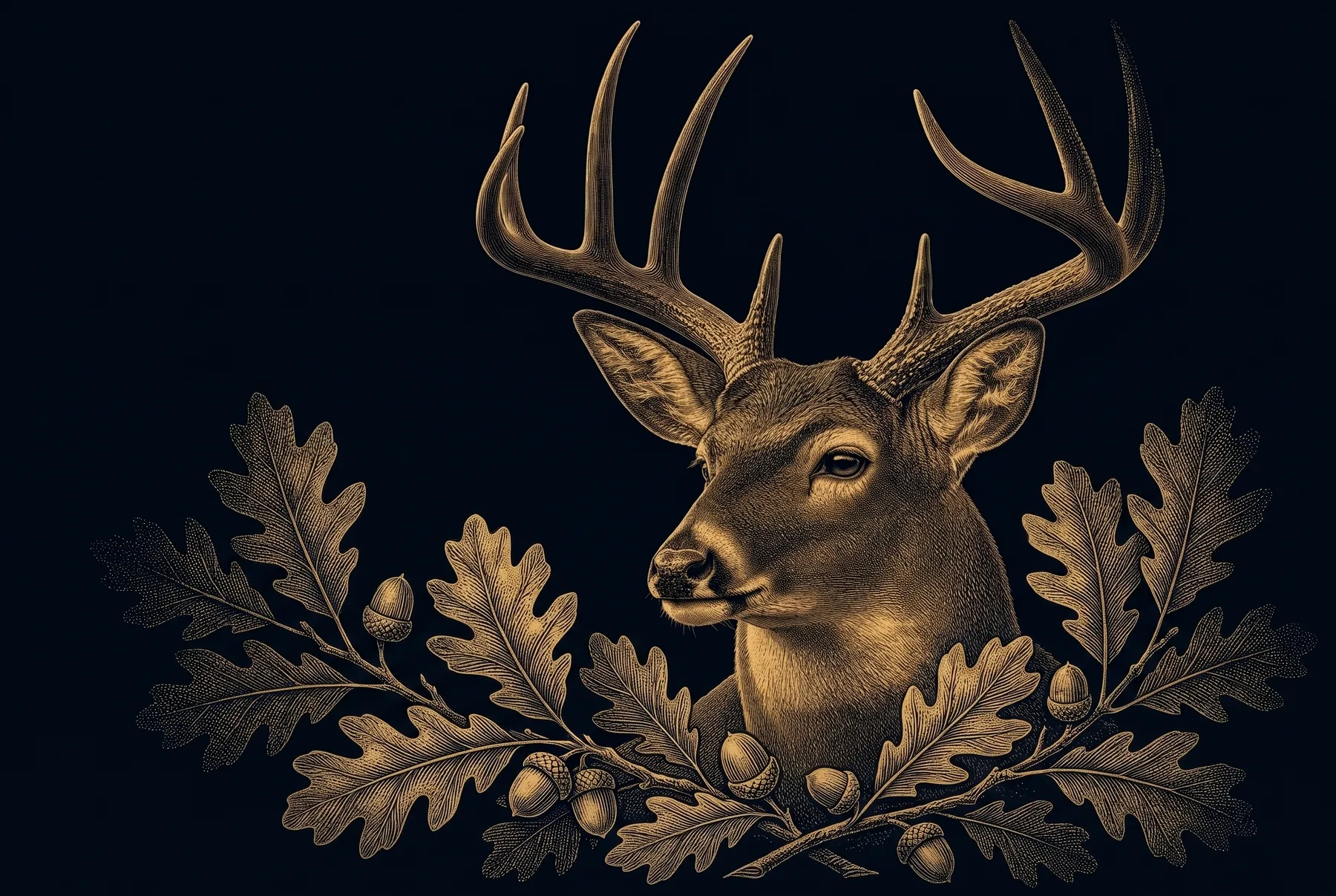 Whitetail buck among oak leaves and acorns, rendered as a gold banknote engraving